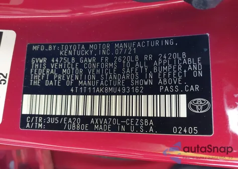 2021 Toyota Camry Se z USA, uszkodzony, nr VIN 4T1T11AK8MU493162